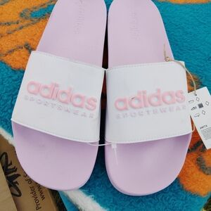 Adidas White & Lilac Slide Sandals with Pink Logo